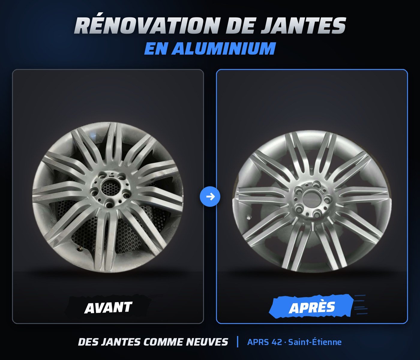 Sablage de jantes à Saint-Étienne : jante en aluminium avant et après rénovation