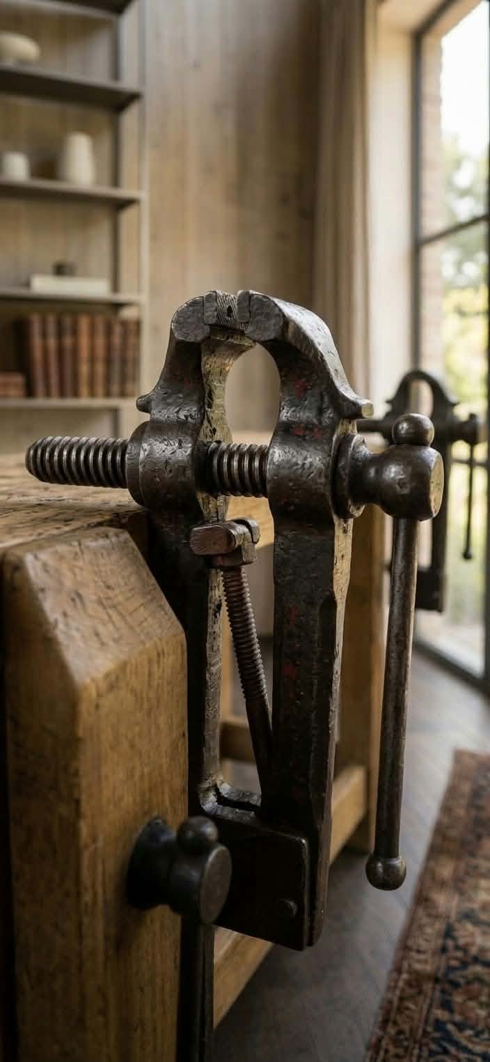 Étau et presse de l’établi de menuisier ancien, gros plan