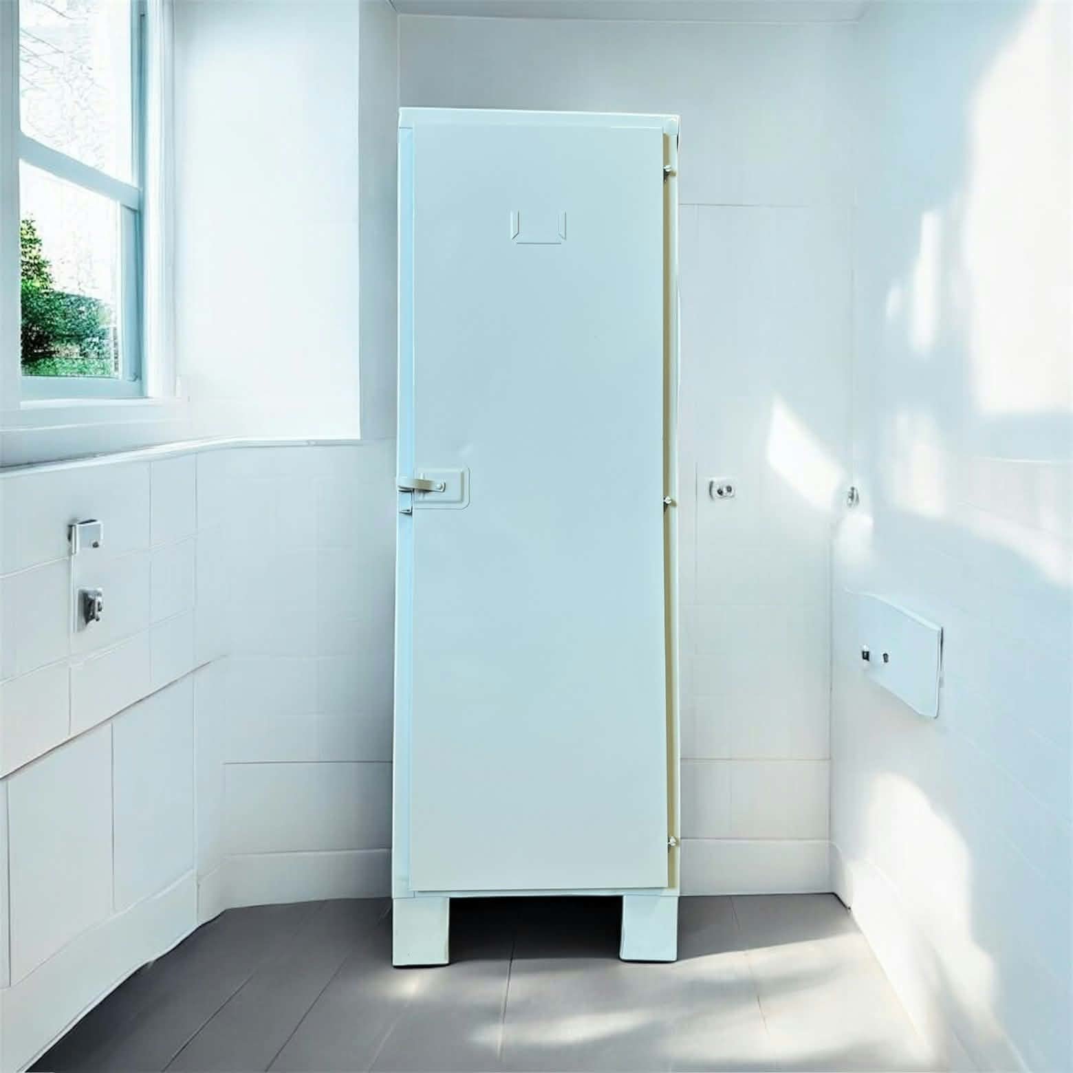 Armoire vestiaire 1 porte laquée vert d’eau, mise en situation dans une pièce lumineuse
